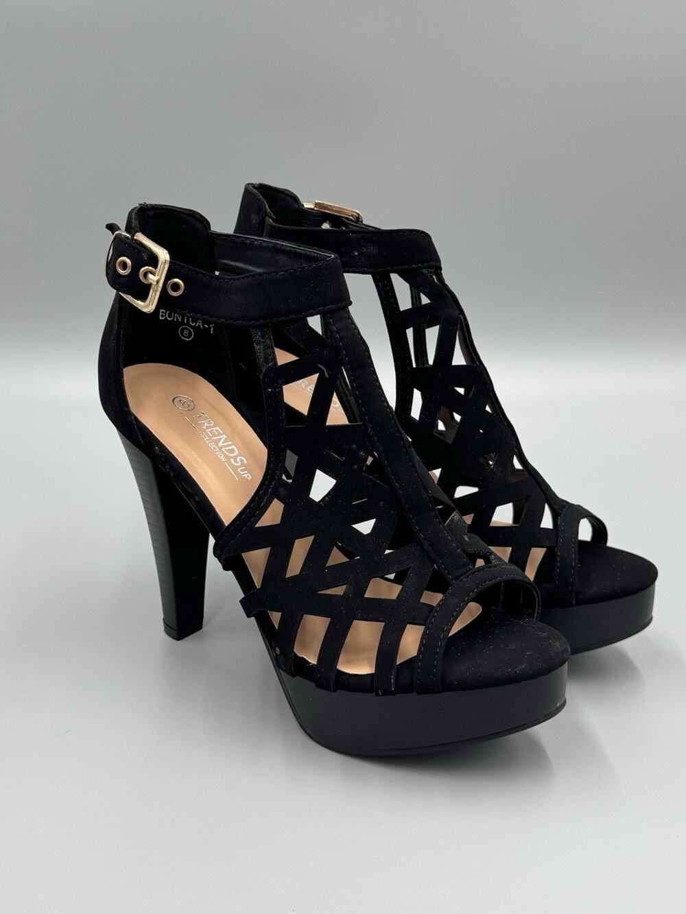 TRENDSup Collection Open Toe Ankle Strap Sandal Caged Black Stacked Heel Sz 8